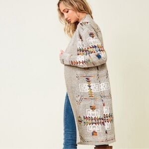 ON BLUE Tribal Aztec Long Length Maxi Sweater Open Front Cardigan Boho Western